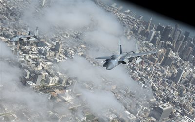 McDonnell Douglas F-15 Eagle, American fighters, F-15C, US Air Force, F-15 in the sky over San Francisco, combat aviation, San Francisco panorama, fighters in the sky