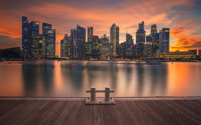 singapur, tarde, puesta de sol, rascacielos, edificios modernos, horizonte de singapur, the sail at marina bay, frasers tower, paisaje urbano de singapur