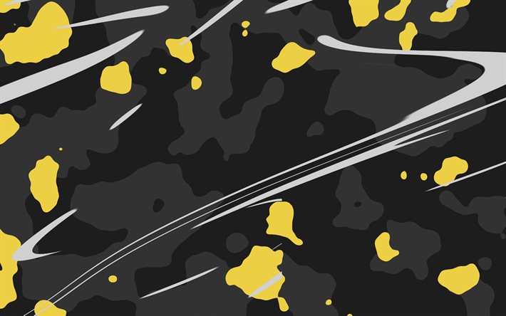 camouflage noir jaune, 4k, textures de camouflage, textures militaires, fond de camouflage abstrait, fonds abstraits, camouflage abstrait