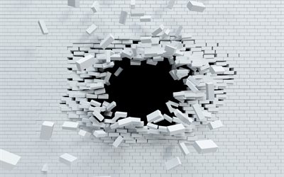 찢어진 벽돌 벽, 4k, 블랙홀, 찢어진 벽, 벽 폭발, 흰색 벽돌 벽, 흰색 벽돌, 3d 아트, 벽돌 벽