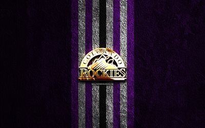 goldenes logo der colorado rockies, 4k, violetter steinhintergrund, mlb, amerikanisches baseballteam, logo der colorado rockies, baseball, colorado rockies