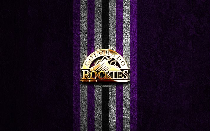 logotipo dorado de los colorado rockies, 4k, fondo de piedra violeta, mlb, equipo de béisbol americano, logotipo de los colorado rockies, béisbol, colorado rockies