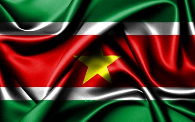 Surinamese flag, 4K, South American countries, fabric flags, Day of Suriname, flag of Suriname, wavy silk flags, Suriname flag, South America, Surinamese national symbols, Suriname
