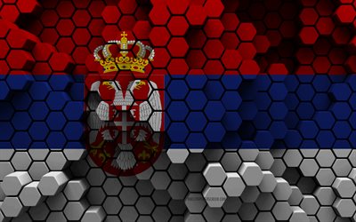 4k, bandera de serbia, fondo hexagonal 3d, bandera 3d de serbia, día de serbia, textura hexagonal 3d, bandera serbia, símbolos nacionales serbios, serbia, países europeos
