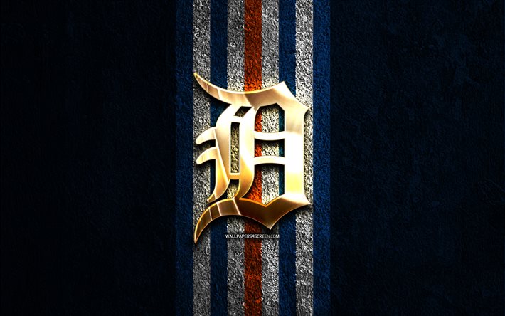 Detroit Tigers golden logo, 4k, blue stone background, MLB, american baseball team, Detroit Tigers logo, baseball, Detroit Tigers