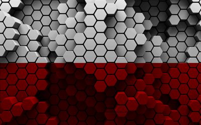 4k, bandiera della polonia, sfondo esagono 3d, bandiera della polonia 3d, giorno della polonia, struttura esagonale 3d, bandiera polacca, simboli nazionali polacchi, polonia, paesi europei
