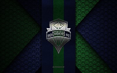 Seattle Sounders FC, MLS, blue green knitted texture, Seattle Sounders FC logo, American soccer club, Seattle Sounders FC emblem, soccer, Seattle, USA