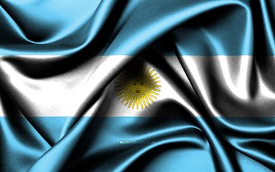Argentinean flag, 4K, South American countries, fabric flags, Day of Argentina, flag of Argentina, wavy silk flags, Argentina flag, South America, Argentinean national symbols, Argentina