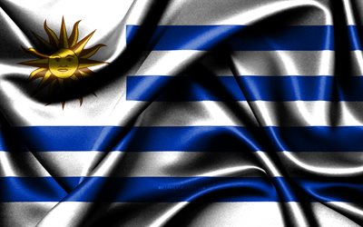 uruguays flagga, 4k, sydamerikanska länder, tygflaggor, uruguays dag, vågiga sidenflaggor, sydamerika, uruguays nationella symboler, uruguay