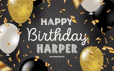 4k, joyeux anniversaire harper, fond noir anniversaire doré, anniversaire harper, harper, des ballons noirs dorés, harper joyeux anniversaire