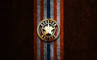 Houston Astros golden logo, 4k, orange stone background, MLB, american baseball team, Houston Astros logo, baseball, Houston Astros