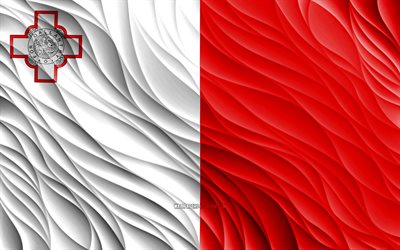4k, マルタの旗, 波状の3dフラグ, ヨーロッパ諸国, マルタの日, 3d波, ヨーロッパ, マルタの国家のシンボル, マルタ
