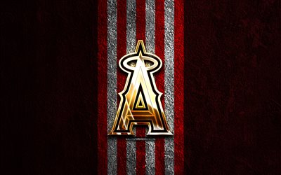 Los Angeles Angels golden logo, 4k, red stone background, MLB, american baseball team, Los Angeles Angels logo, baseball, Los Angeles Angels, LA Angels