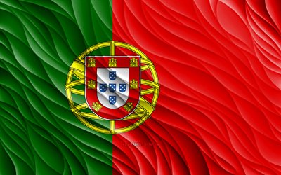 4k, 포르투갈 국기, 물결 모양의 3d 플래그, 유럽 국가, 포르투갈의 국기, 포르투갈의 날, 3d 파도, 유럽, 포르투갈 국가 상징, 포르투갈