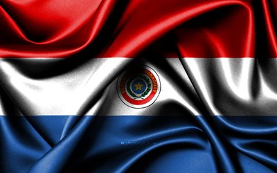パラグアイの国旗, 4k, 南アメリカ諸国, ファブリックフラグ, パラグアイの日, 波状のシルクの旗, パラグアイの旗, 南アメリカ, パラグアイの国家のシンボル, パラグアイ