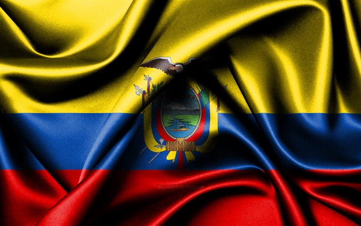 에콰도르 국기, 4k, 남미 국가, 패브릭 플래그, 에콰도르의 날, 에콰도르의 국기, 물결 모양의 실크 깃발, 남아메리카, 에콰도르 국가 상징, 에콰도르