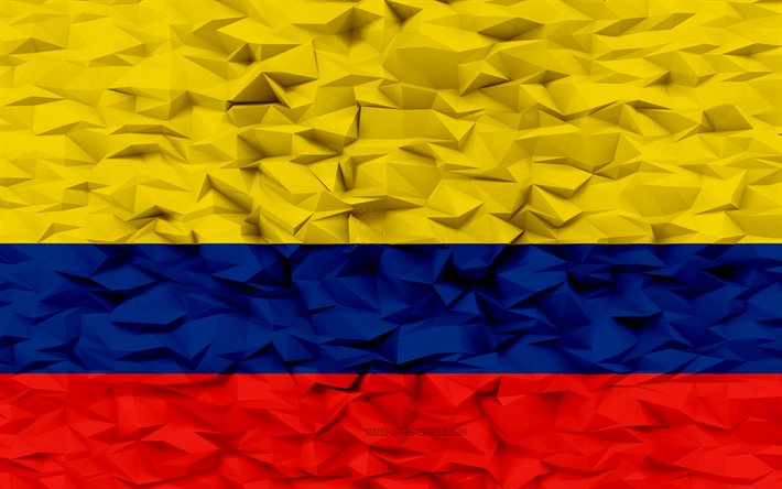 bandera de colombia, 4k, fondo de polígono 3d, textura de polígono 3d, bandera colombiana, día de colombia, bandera de colombia 3d, símbolos nacionales colombianos, arte 3d, colombia