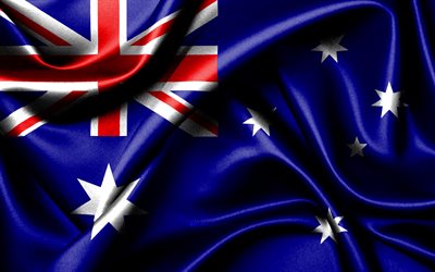 オーストラリアの旗, 4k, オセアニア諸国, ファブリックフラグ, オーストラリアの日, 波状のシルクの旗, オセアニア, オーストラリアの国家のシンボル, オーストラリア