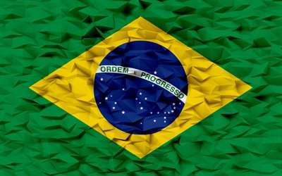 flagge von brasilien, 4k, 3d-polygon-hintergrund, brasilien-flagge, 3d-polygon-textur, brasilianische flagge, tag von brasilien, 3d-brasilien-flagge, brasilianische nationalsymbole, 3d-kunst, brasilien
