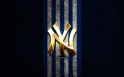 New York Yankees golden logo, 4k, blue stone background, MLB, american baseball team, New York Yankees logo, baseball, New York Yankees, NY Yankees