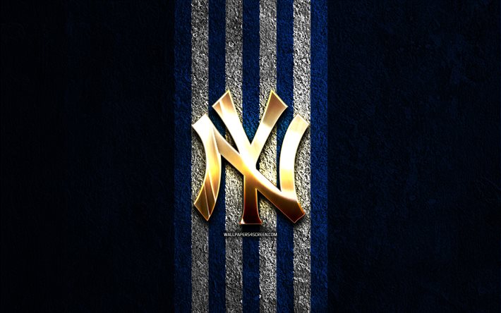 logo doré des yankees de new york, 4k, fond de pierre bleue, mlb, équipe américaine de baseball, logo des yankees de new york, base-ball, yankees de new york, yankees de ny