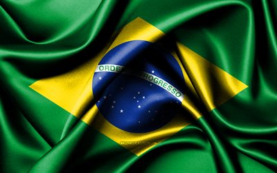 drapeau brésilien, 4k, pays d amérique du sud, drapeaux en tissu, jour du brésil, drapeau du brésil, drapeaux de soie ondulés, amérique du sud, symboles nationaux brésiliens, brésil