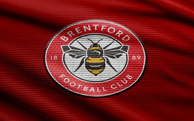 brentford fc fabric logo, 4k, contexte de tissu rouge, première ligue, bokeh, football, logo brentford fc, brentford fc emblem, club de football anglais, brentford fc
