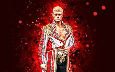 Cody Rhodes, 4k, red neon lights, WWE, creative, american wrestler, Cody Garrett Runnels Rhodes, Runnels, red abstract background, World Wrestling Entertainment, wrestlers, Cody Rhodes 4K