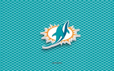 4k, Miami Dolphins isometric logo, 3d art, American football club, isometric art, Miami Dolphins, blue background, NFL, USA, American football, isometric emblem, Miami Dolphins logo