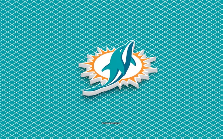 4k, miami delfiinit isometrinen logo, 3d  taide, amerikan jalkapalloseura, isometrinen taide, miami  delfiinit, sininen tausta, nfl, yhdysvallat, amerikkalainen jalkapallo, isometrinen tunnus, miami dolphins  logo