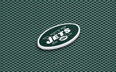 4k, New York Jets isometric logo, 3d art, American football club, isometric art, New York Jets, green background, NFL, USA, American football, isometric emblem, New York Jets logo