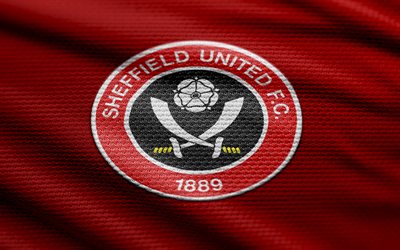 Sheffield United fabric logo, 4k, red fabric background, Premier League, bokeh, soccer, Sheffield United logo, football, Sheffield United emblem, english football club, Sheffield United FC