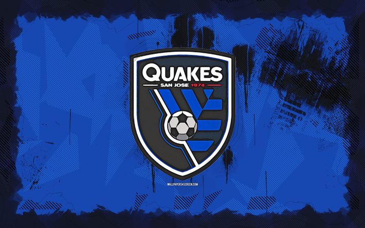 San Jose Earthquakes grunge logo, 4k, MLS, blue grunge background, soccer, San Jose Earthquakes emblem, football, San Jose Earthquakes logo, american soccer club, San Jose Earthquakes FC