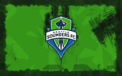 Seattle Sounders FC grunge logo, 4k, MLS, green grunge background, soccer, Seattle Sounders FC emblem, football, Seattle Sounders FC logo, american soccer club, Seattle Sounders FC