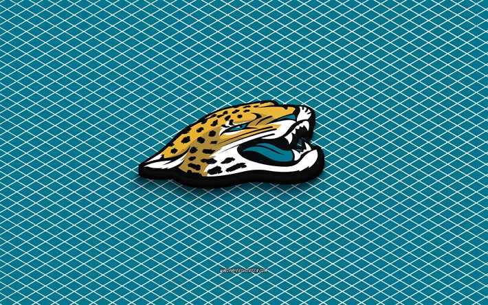 4k, jacksonville jaguars isometrinen logo, 3d  taide, amerikan jalkapalloseura, isometrinen taide, jacksonville jaguaarit, turkoosi tausta, nfl, yhdysvallat, amerikkalainen jalkapallo, isometrinen tunnus, jacksonville jaguars  logo