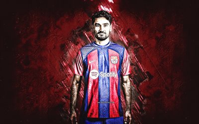 Ilkay Gundogan, FC Barcelona, German soccer player, midfielder, burgundy stone background, La Liga, Spain, football