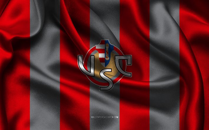 4k, US Cremonese logo, gray red silk fabric, Italian football team, US Cremonese emblem, Serie B, US Cremonese, Italy, football, US Cremonese flag, soccer, Cremonese FC