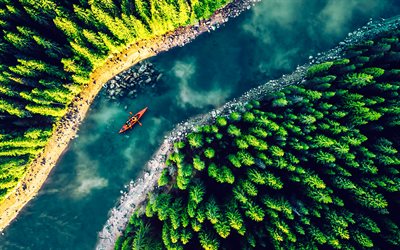 mountain river, top view, forest, rafting, river view from a height, aerial view, mountains