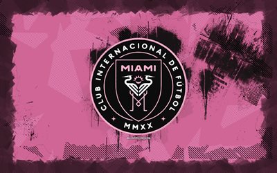 Inter Miami grunge logo, 4k, MLS, purple grunge background, soccer, Inter Miami emblem, football, Inter Miami logo, Inter Miami CF, american soccer club, Inter Miami FC