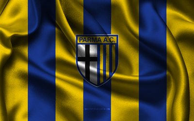 4k, Parma Calcio 1913 logo, blue yellow silk fabric, Italian football team, Parma Calcio 1913 emblem, Serie B, Parma Calcio 1913, Italy, football, Parma Calcio 1913 flag, soccer, Parma FC