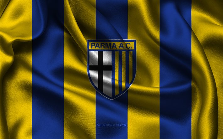 4k, شعار بارما كالسيو 1913, نسيج حرير أصفر أزرق, فريق كرة القدم الإيطالي, parma calcio 1913 emblem, دوري الدرجة الأولى, بارما كالسيو 1913, إيطاليا, كرة القدم, علامة بارما كالسيو 1913, بارما fc