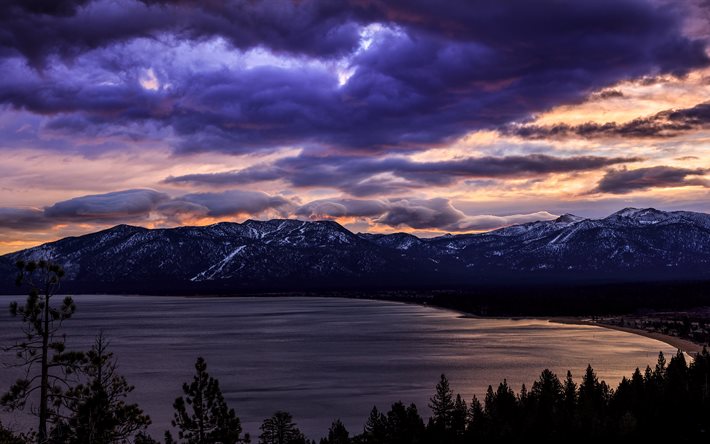 Lake Tahoe, en Amérique, en 4k, été, coucher de soleil, forêt, états-unis