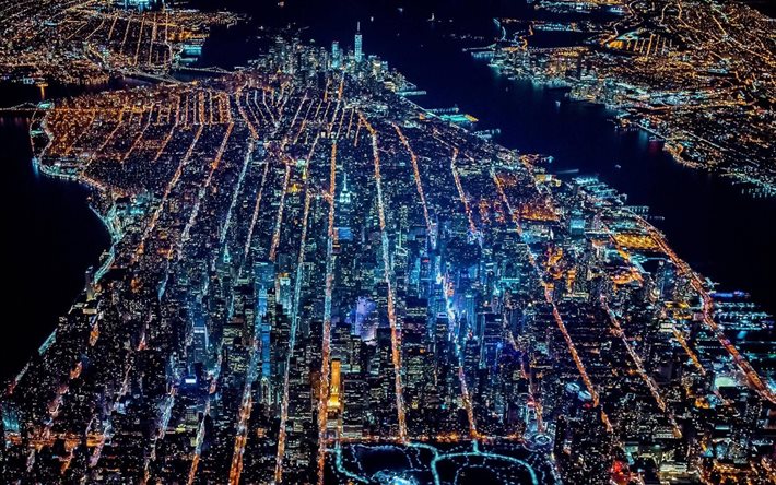 Manhattan, New York, gece, ışıklar, Üstten Görünüm, USA, Amerika