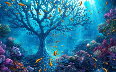 under vattnet, korallrev, fisk, träd, hav