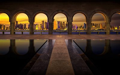 doha, skyskrapor, panorama, natt, qatar