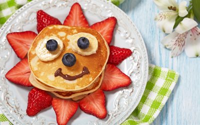 ladki, fun breakfast, pancakes, strawberry