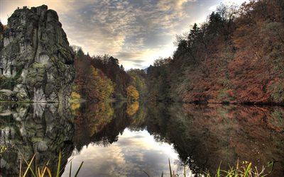 rock, calm, autumn, on reflection, mirror lakes, silence