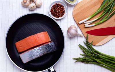 cooking salmon, salmon, pan, red fish