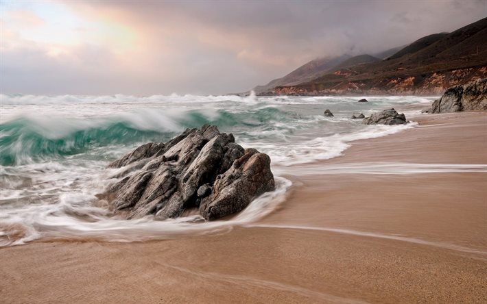 البحر, موجة, الصورة, الشاطئ, صباح