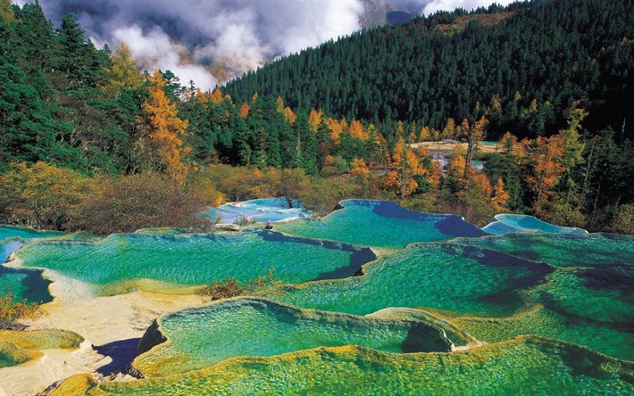 china, huanglong, dragón amarillo, reserva, colorido lago, la naturaleza de china